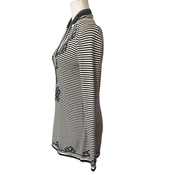 Tory Burch Knit Dress or Tunic V-Neck Long-Sleeve Black & White Striped Embroide - Picture 7 of 12